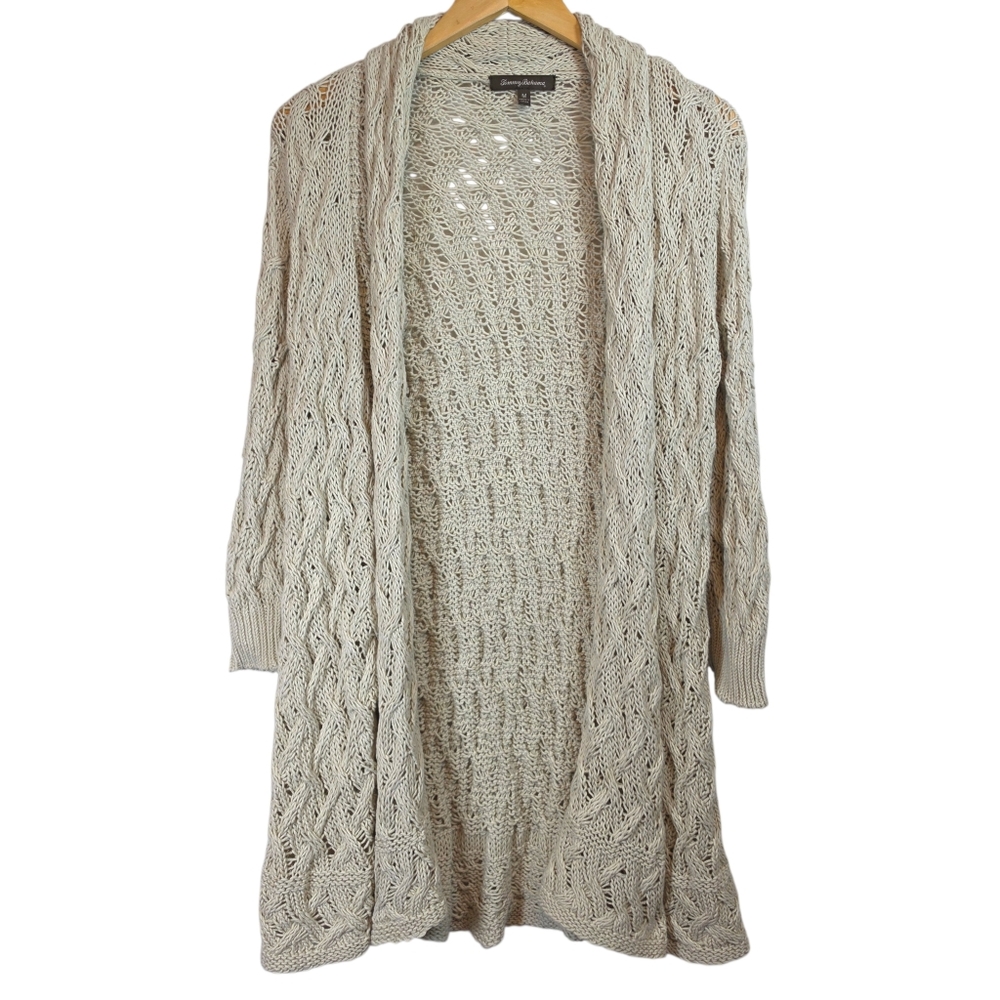 Tommy Bahama Linen Cotton Blend Open Front Chunky Knit Cardigan Sz M Coastal EUC